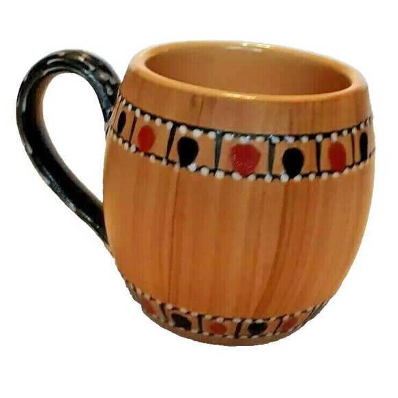 Wood Grain Look Ceramic Mug  Lines Dots Black Handle Coffee Tea Cocoa MCM Vtg - Picture 1 of 7